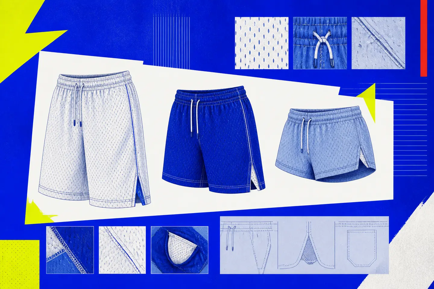 Editorial collage of three unbranded basketball shorts in different lengths, with mesh, seam, waistband, pocket, and side-vent details in ultramarine, white, and lime.